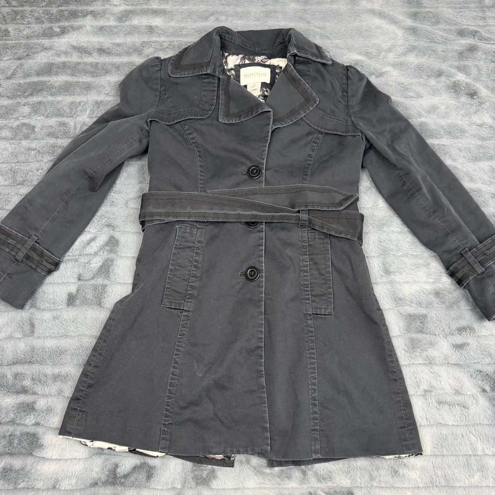 White House Black Market Gray Cotton Blend Belted Trench Coat XS Floral Lining